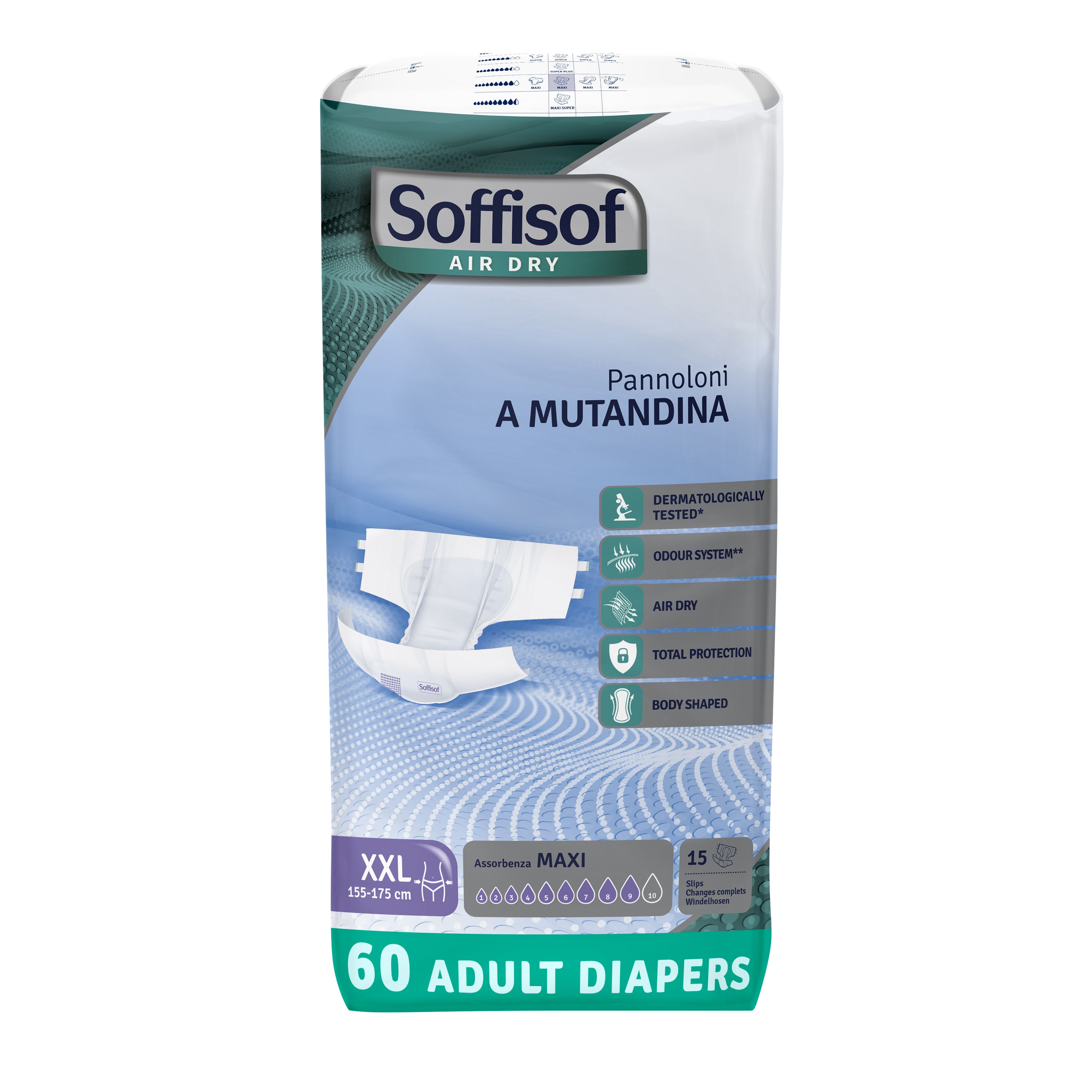 Verpakking Soffisof Air Dry luiers voor volwassenen. XXL, 155-175 cm. 60 stuks. Opdruk: 60 ADULT DIAPERS.