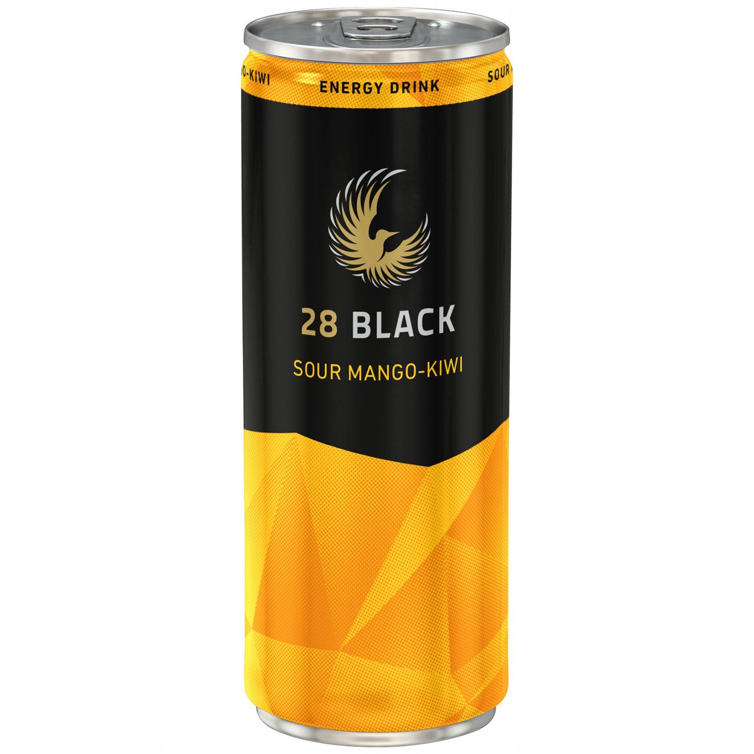 Zylinderförmige Dose. Schwarz mit goldfarbenem Logo und Schriftzug. Aufschrift: 28 BLACK Sour Mango-Kiwi. Gelb-orangenes Muster unten.