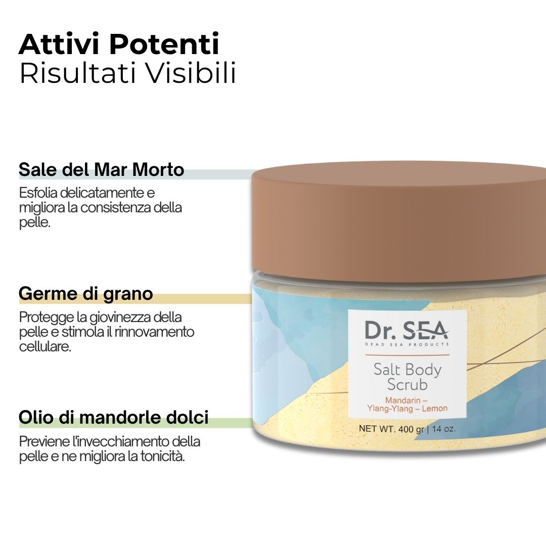 Prodotto con testo. Dr. SEA, Salt Body Scrub, Mandarino, Ylang-Ylang, Limone. Ingredienti: sale del Mar Morto, estratto di germe di grano, olio di mandorle dolci.