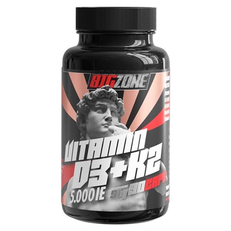 Schwarze Flasche mit Vitamin D3 + K2. Aufschrift: Big Zone, 5.000 IE, 90 Kapseln. Abbildung einer Statue.