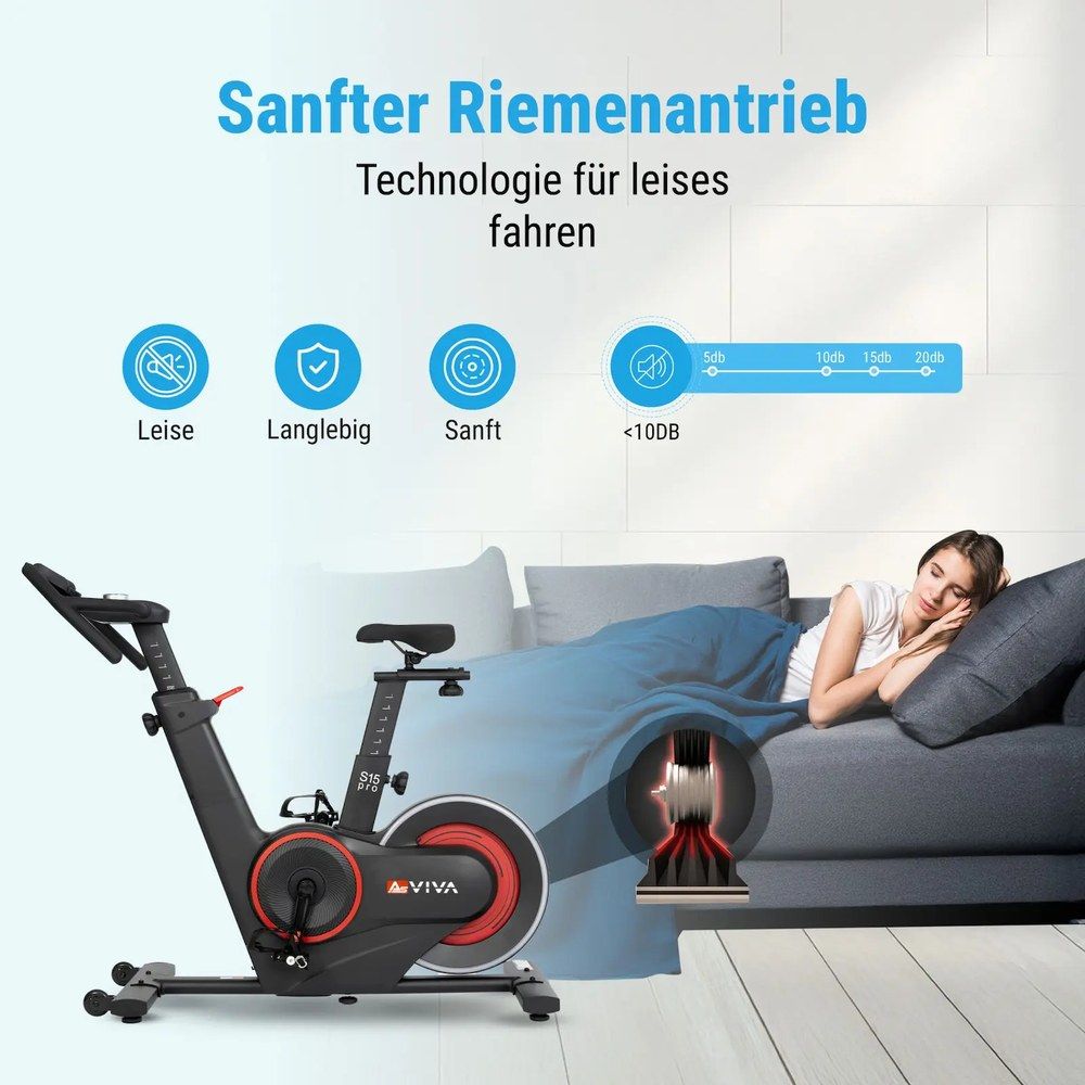 AsVIVA Speedbike Performance S15 neben schlafender Person, leiser Riemenantrieb.