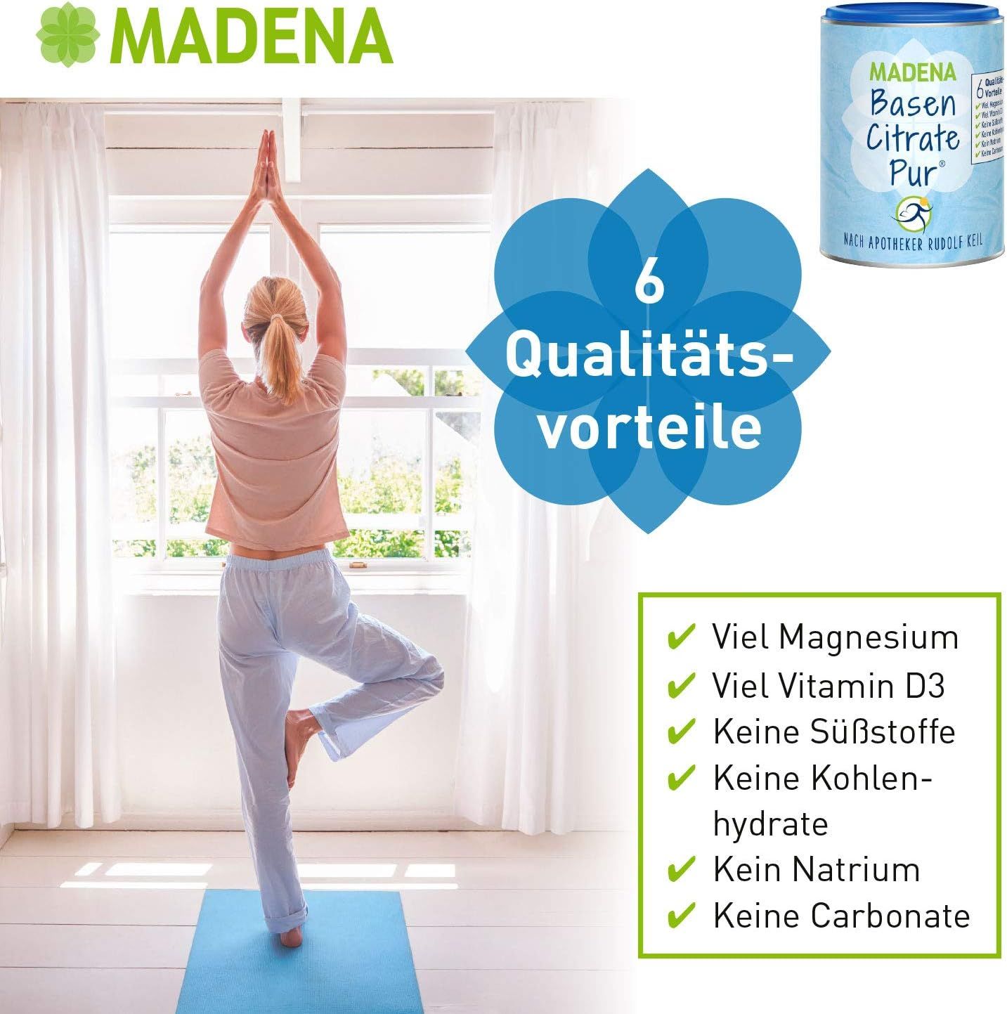 Frau in Yoga-Pose. Im Hintergrund Dose MADENA Basen Citrate Pur und 6 Qualitätsvorteile. Auf der Dose sind 6 Qualitätsvorteile aufgelistet.