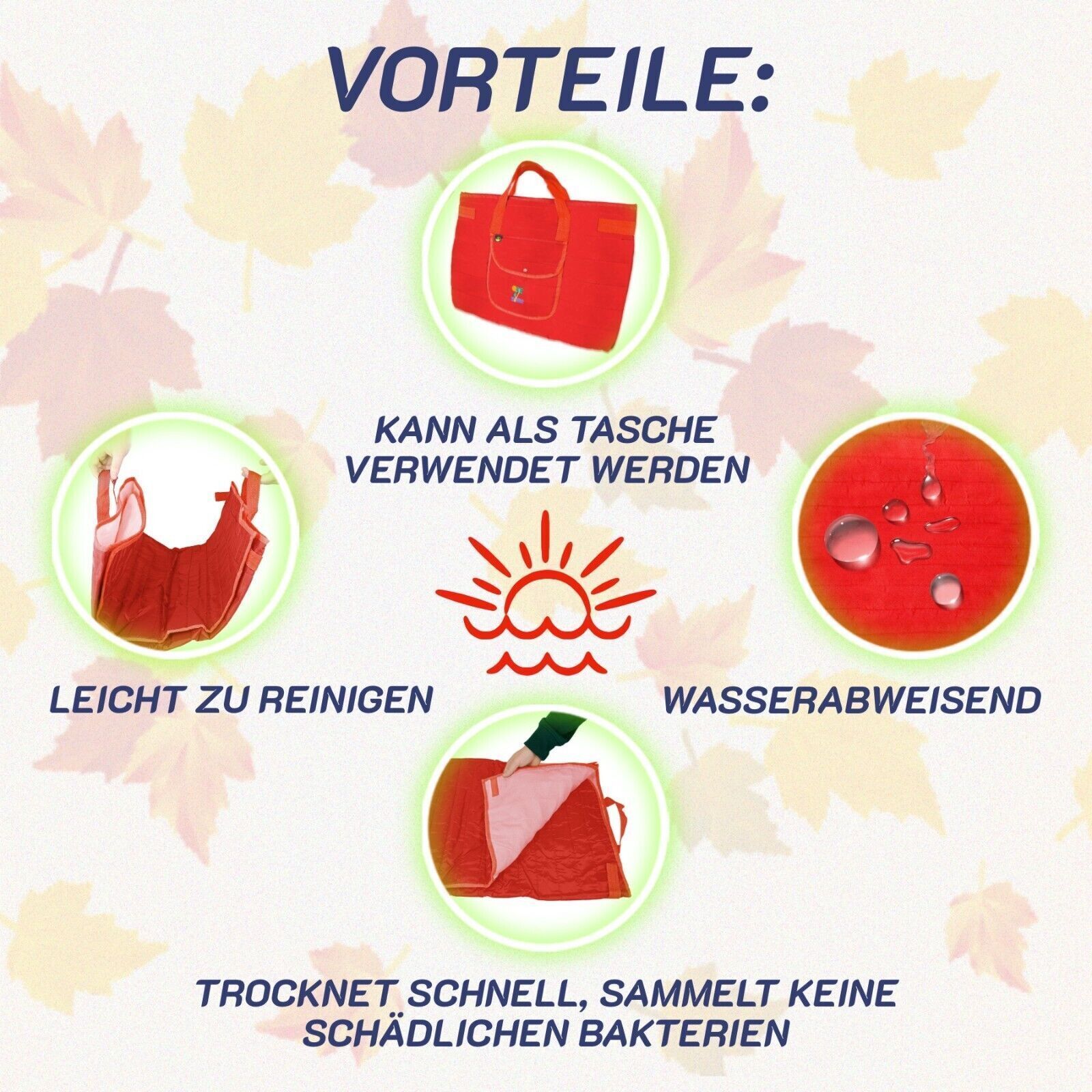 Rote Faltmatte, Vorteile: Kann als Tasche verwendet werden, leicht zu reinigen, wasserabweisend, trocknet schnell, sammelt keine Bakterien.