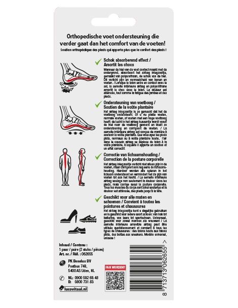 Dos de l'emballage avec texte et illustrations. Informations sur le support de pied orthopédique. Code QR et code-barres.