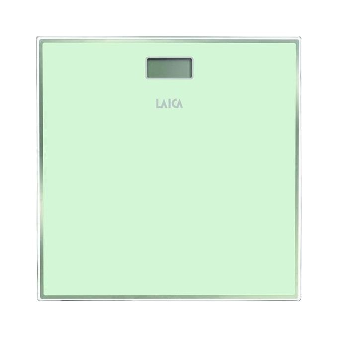 Bilancia elettronica Laica PS1068 Quadrato Bianco. Di forma quadrata, di colore verde chiaro, con una cornice argentata. Un display rettangolare è posizionato in alto, con il marchio Laica. Progettata per la misurazione del peso corporeo.