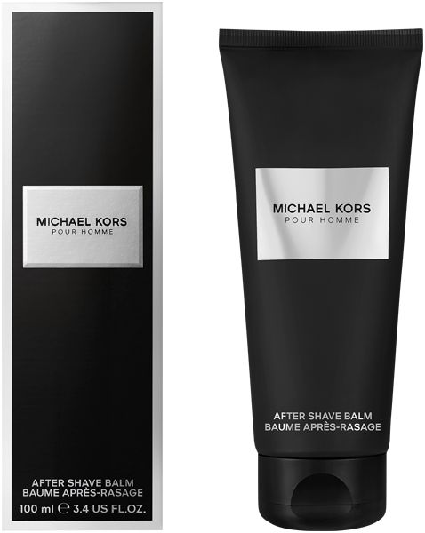 Schwarze Tube und Schachtel mit weißem Etikett. Aufschrift: Michael Kors Pour Homme. After Shave Balm. 100 ml.