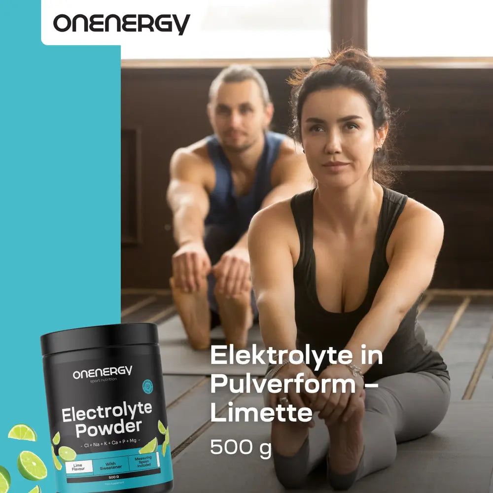 Personen beim Dehnen. Dose "ONEENERGY Electrolyte Powder" mit Text "Elektrolyte in Pulverform - Limette".