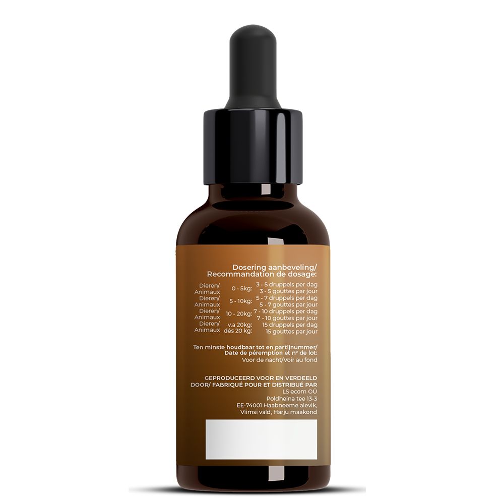 Rückseite der braunen Glasflasche. Enthält Informationen zur Dosierungsempfehlung.