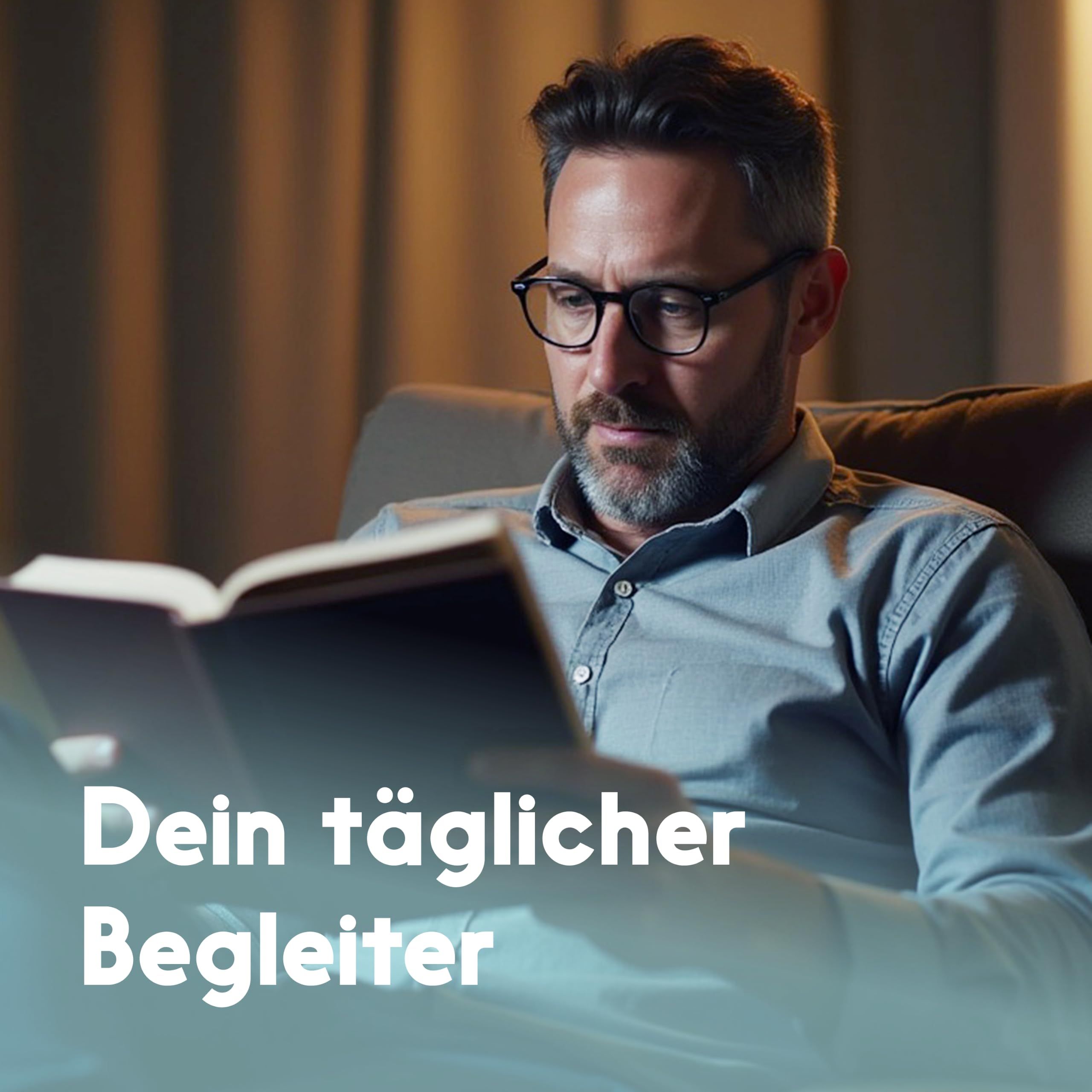 Mann liest Buch, Text: Dein täglicher Begleiter. Produkt nicht sichtbar.