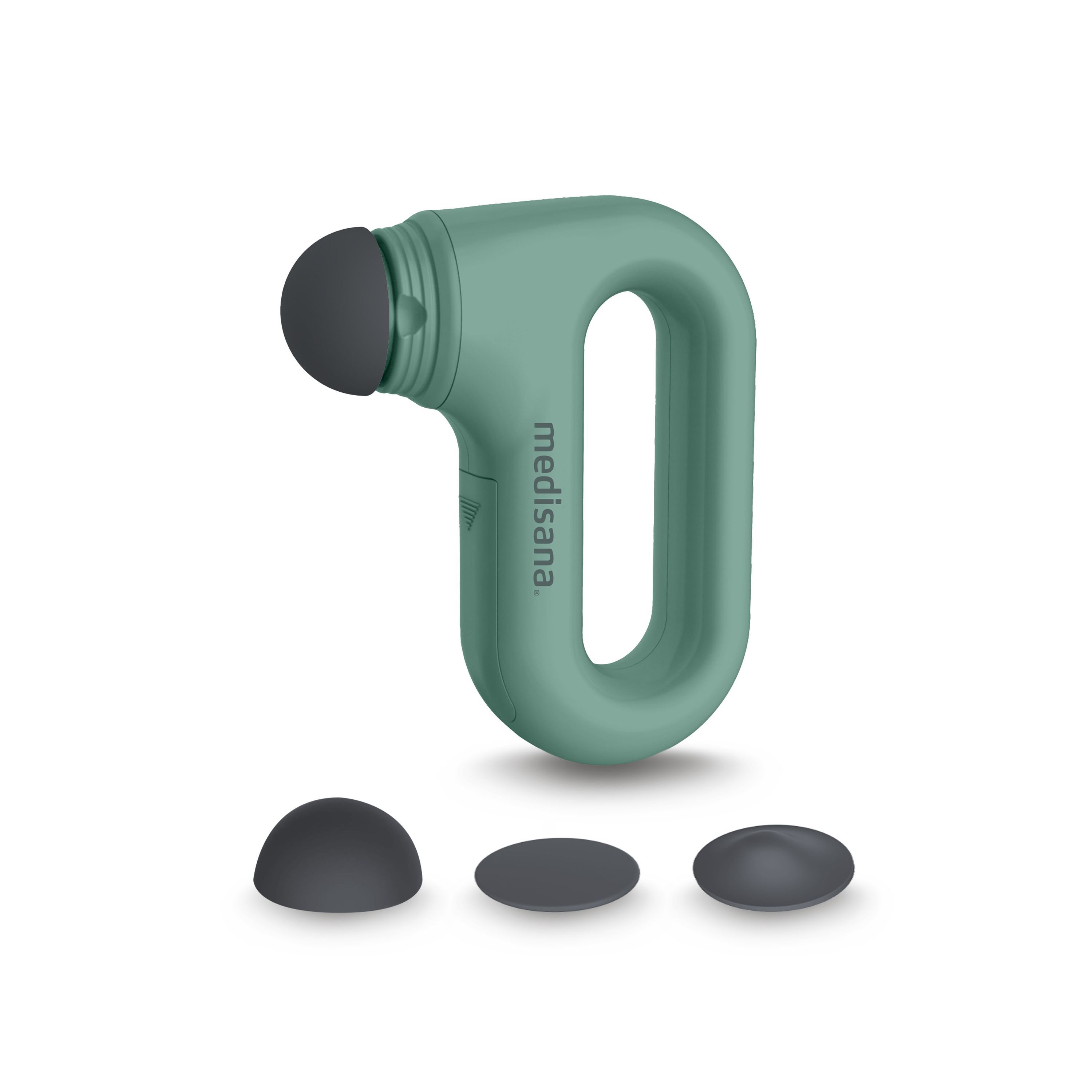 Groene massager met 3 opzetstukken. Tekst: medisana.