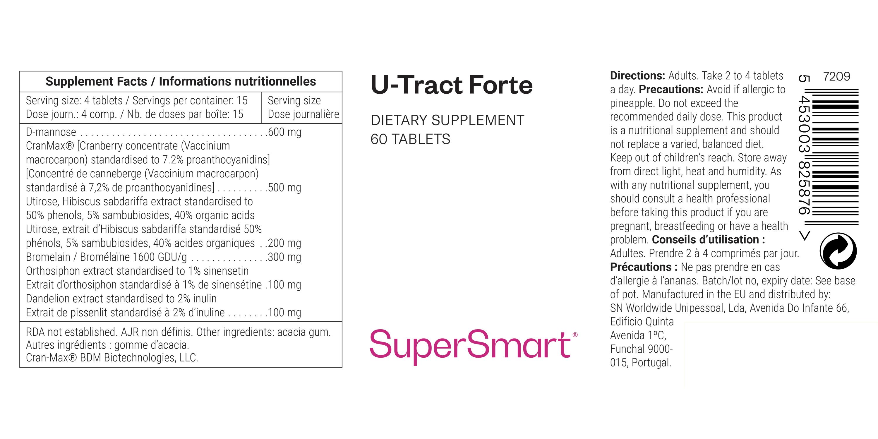 Etikett mit Produktinformationen. Text: U-Tract Forte, 60 Tabletten, SuperSmart. Inhaltsstoffe und Dosierung.