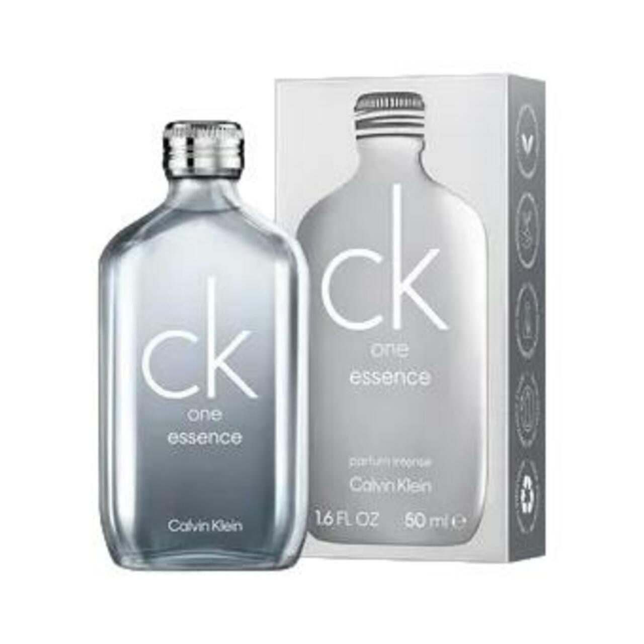 Flakon und Verpackung. Text: ck one essence, parfum intense, Calvin Klein, 50 ml.