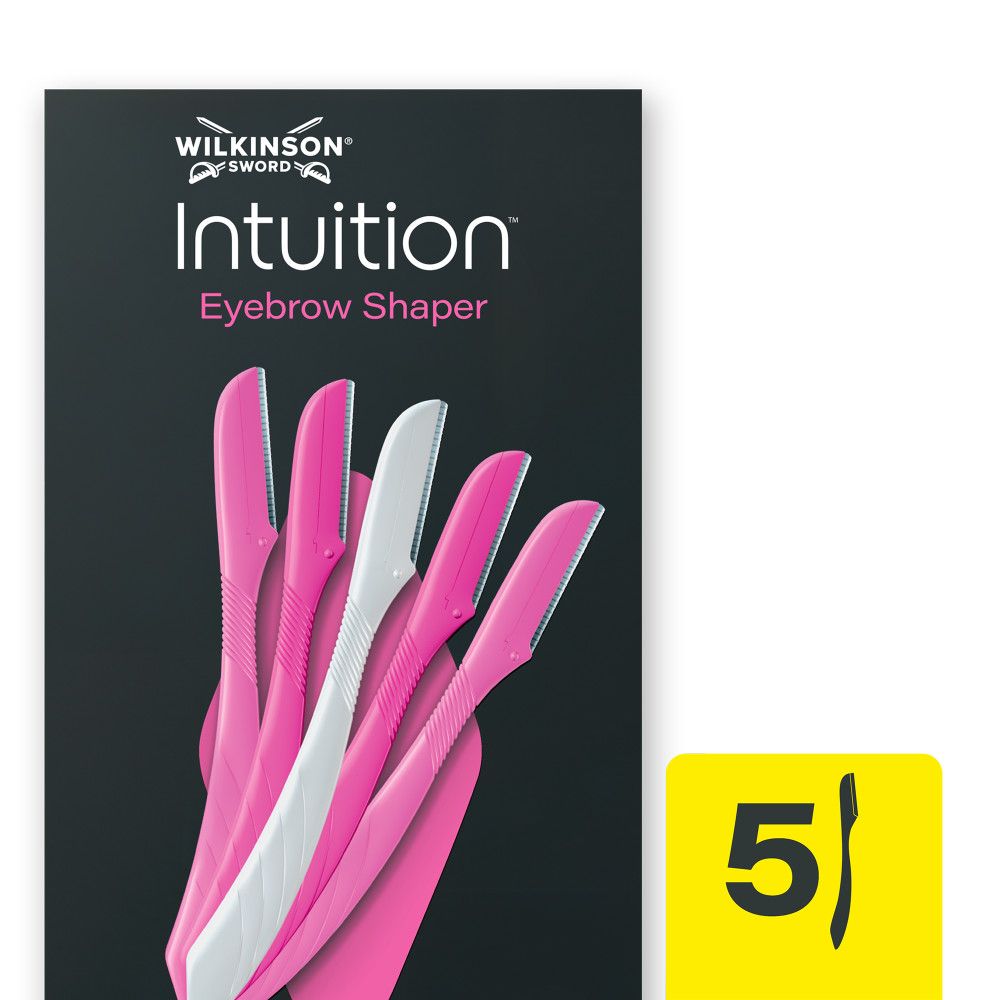 Verpackung mit fünf Wilkinson Sword Intuition Augenbrauen-Rasierern, drei rosa und zwei weiß.