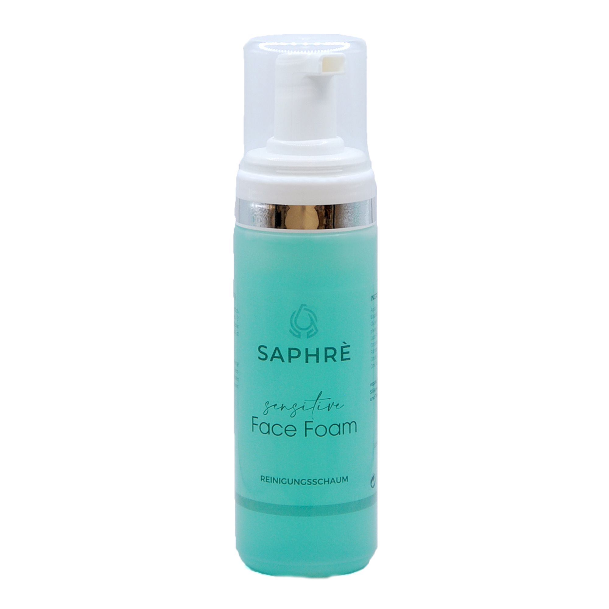 Türkisfarbene Flasche mit weißem Pumpkopf. Aufschrift: Saphre Sensitive Face Foam. Reinigungschaum.