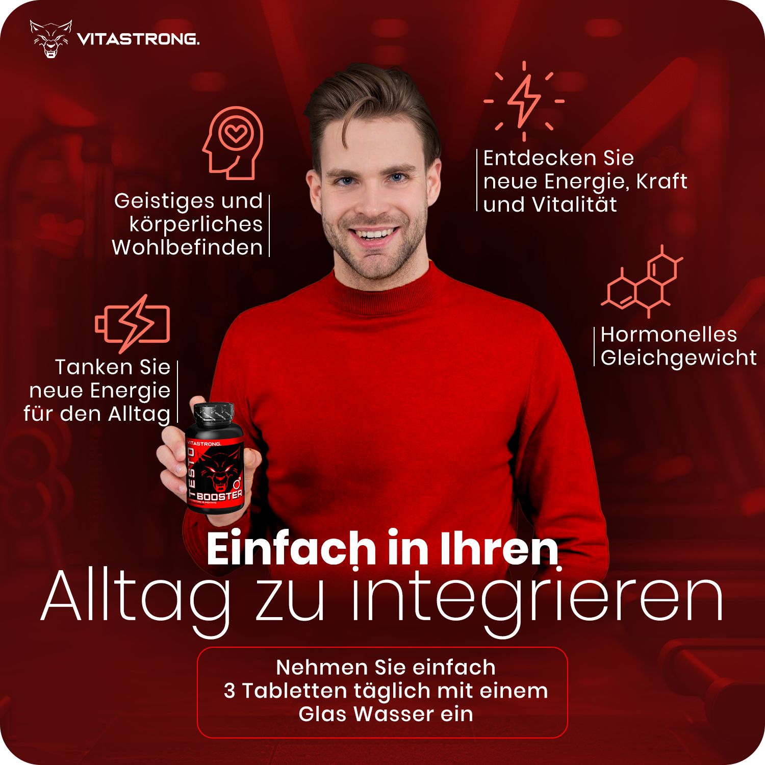 Mann hält eine Flasche Testobooster. Symbole für Energie, Vitalität und hormonelles Gleichgewicht.