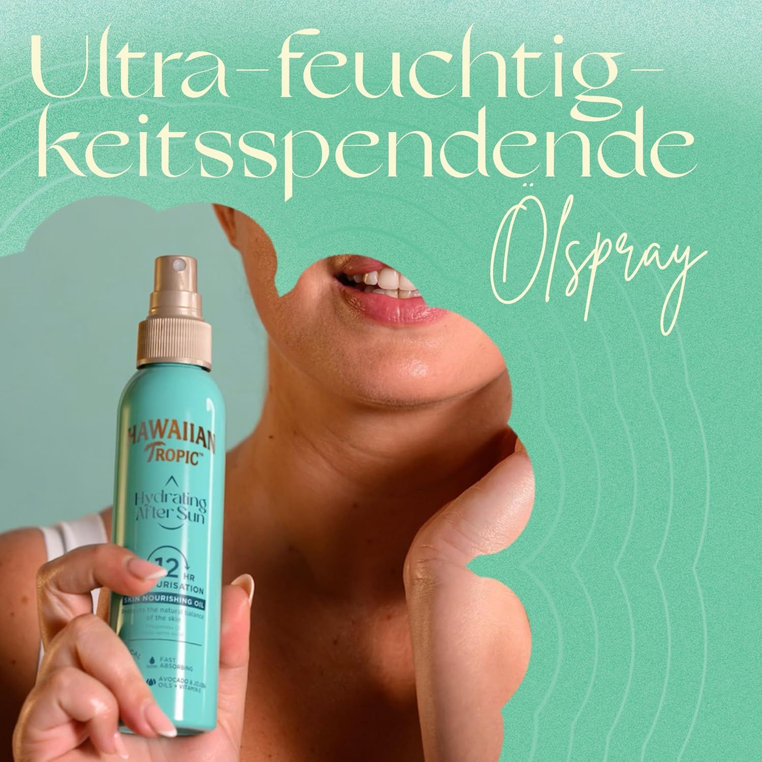Frau hält Sprühflasche. Text: Ultra-feuchtigkeitsspendendes Ölspray. Hawaiian Tropic, Hydrating After Sun, 12hr Moisturisation.