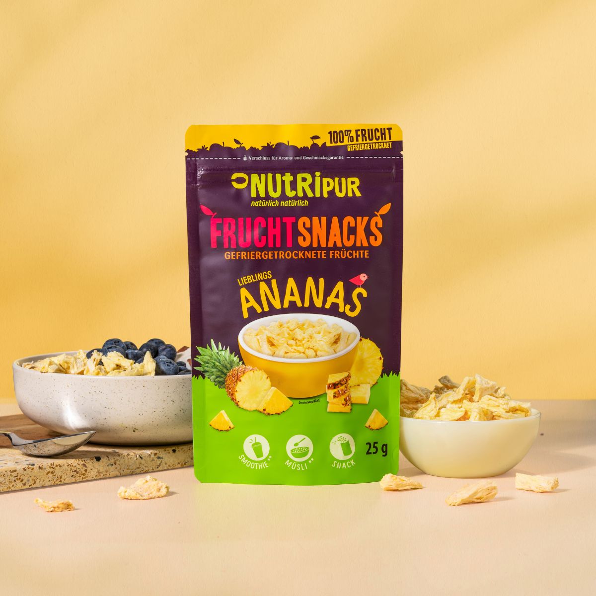 NutriPur gefriergetrocknete Früchte, Ananas Bits in großen Stücken