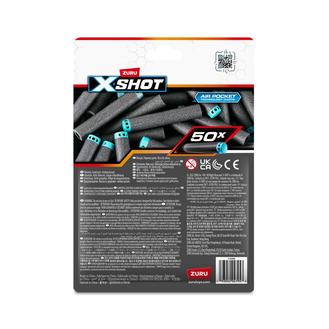 Rückseite der X-Shot Darts-Verpackung. Text und Logos. Enthält Informationen zu den Darts und Hersteller.