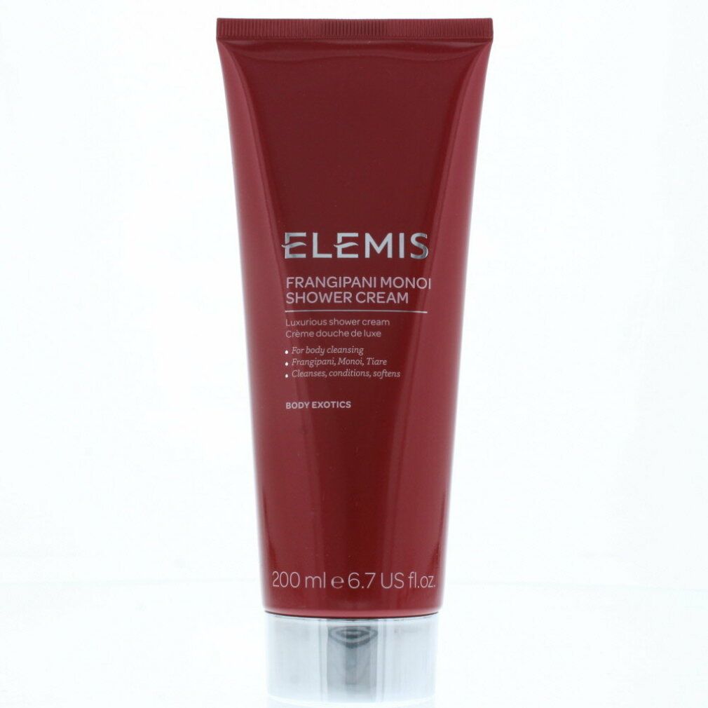 Rote Tube mit silbernem Deckel. Aufschrift: Elemis Frangipani Monoi Shower Cream. Text darunter.