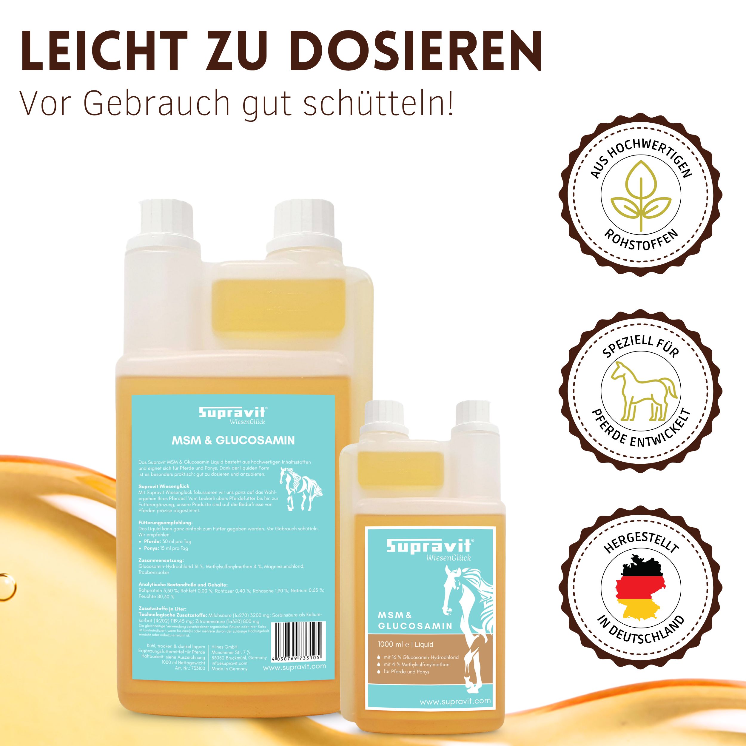 Zwei Flaschen Ergänzungsfuttermittel. Aufschrift: Supravit. Mit Logos: hochwertige Rohstoffe, speziell für Pferde, hergestellt in Deutschland.