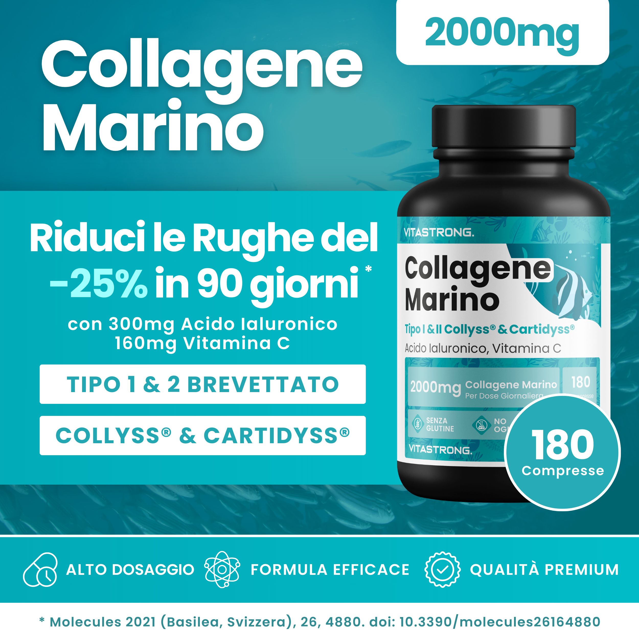 Compresse Vitastrong Collagene Marino. Flacone nero, etichetta bianca. 180 compresse, 2000mg. Riduce le rughe in 90 giorni.