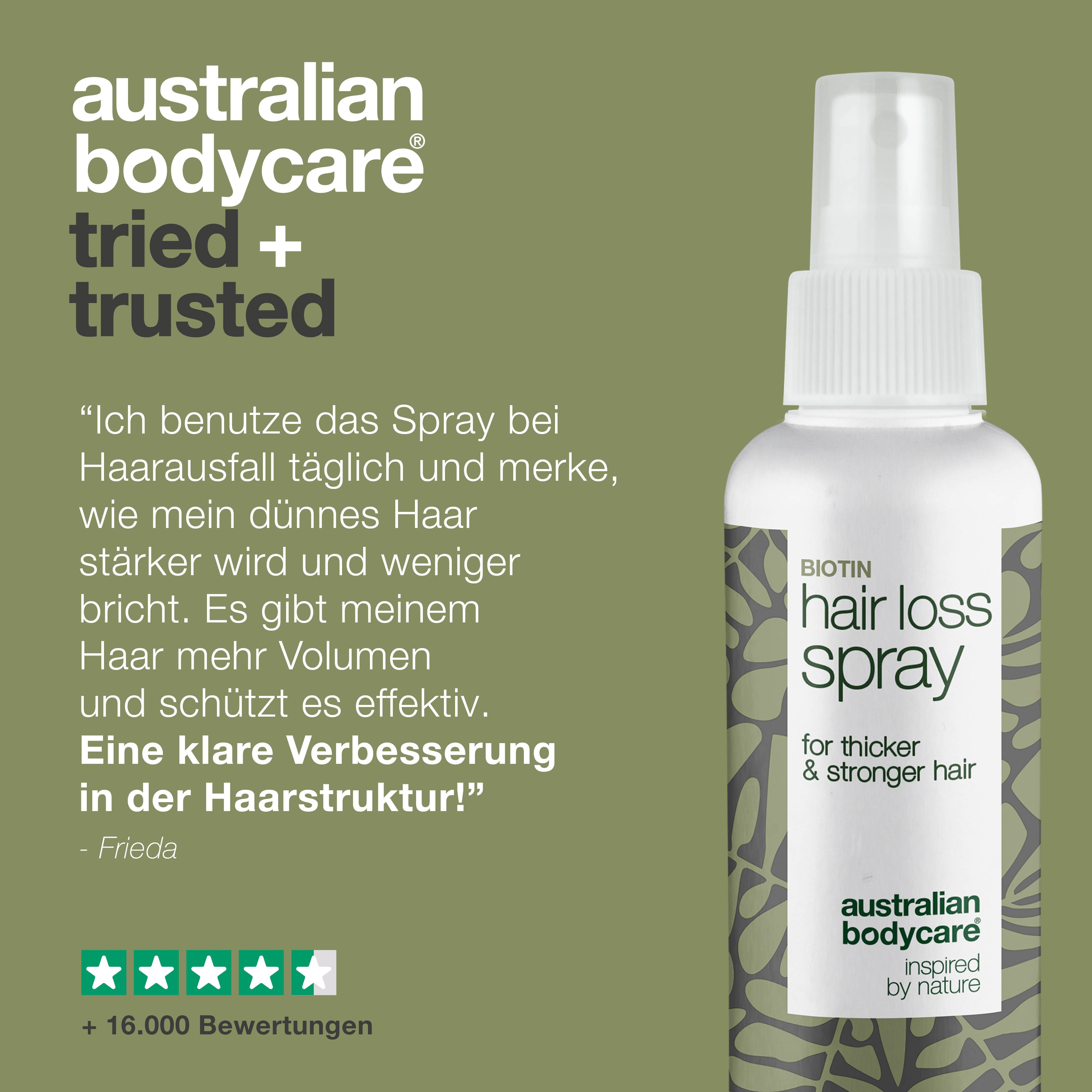 Australian Bodycare. Erfahrungsbericht. Biotin Hair Loss Spray. Für dickeres & stärkeres Haar. +16.000 Bewertungen.