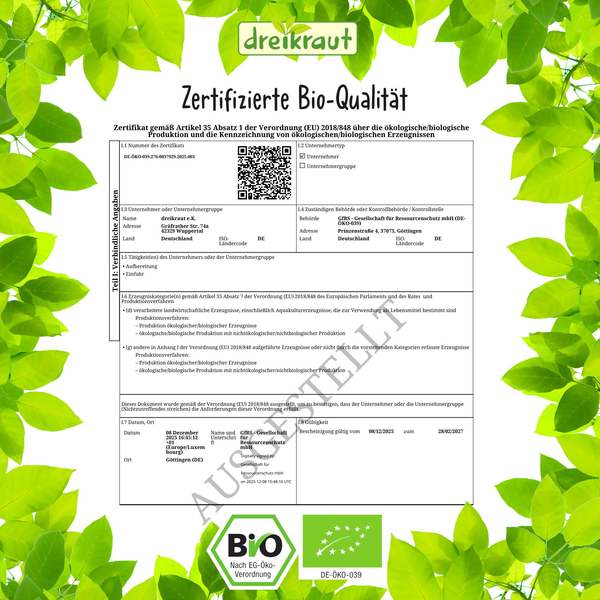 Zertifikat mit Text und QR-Code. Oben: dreikraut Logo. Bio-Siegel. Text: Zertifizierte Bio-Qualität.