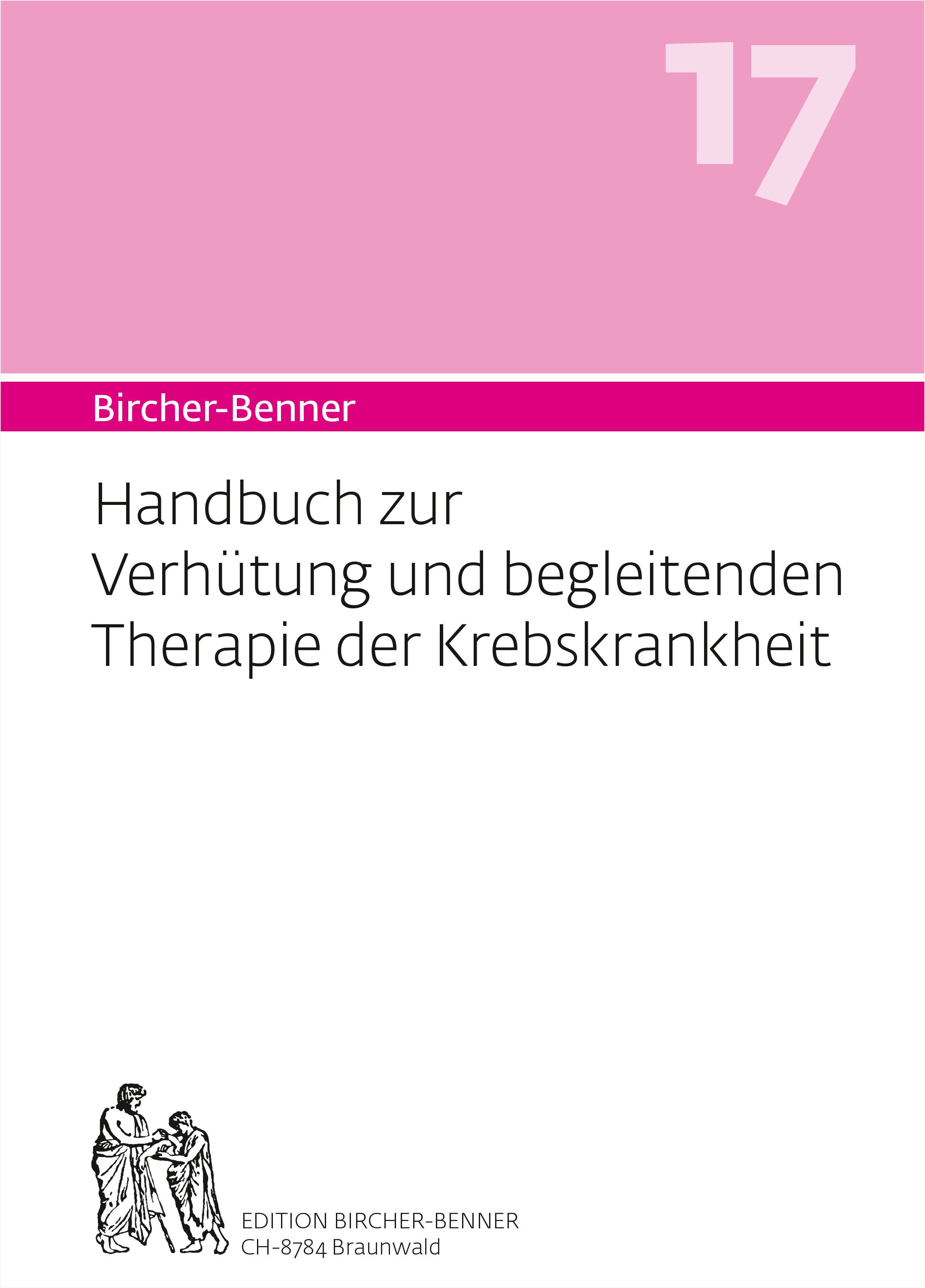 Buch mit dem Titel "Handbuch zur Verhütung und begleitenden Therapie der Krebskrankheit". Pinker Hintergrund mit der Nummer 17.