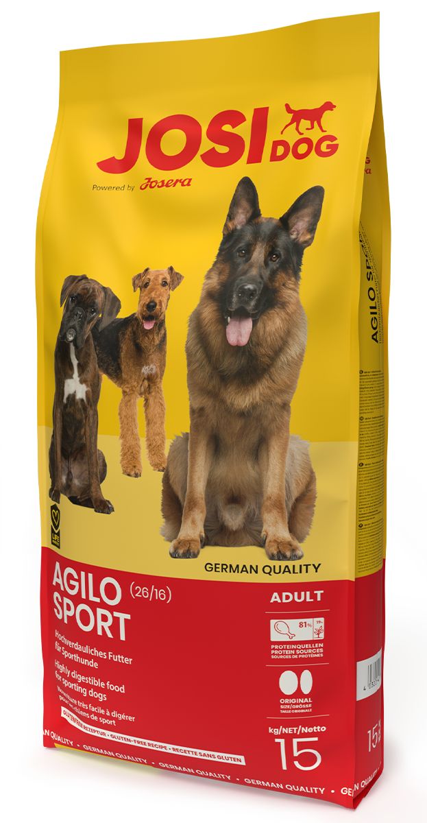 Gelbe Tasche mit JosiDog-Logo und Produktbezeichnung Agilo Sport. Abgebildet sind Hunde. Enthält 15 kg.