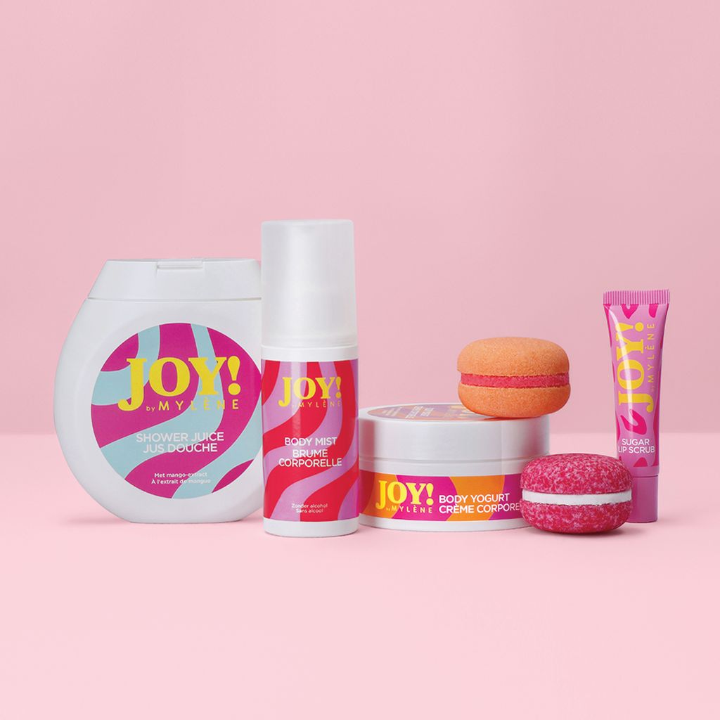 Produktset von Mylène JOY! mit Duschgel, Body Mist, Body Yogurt und Lip Scrub.