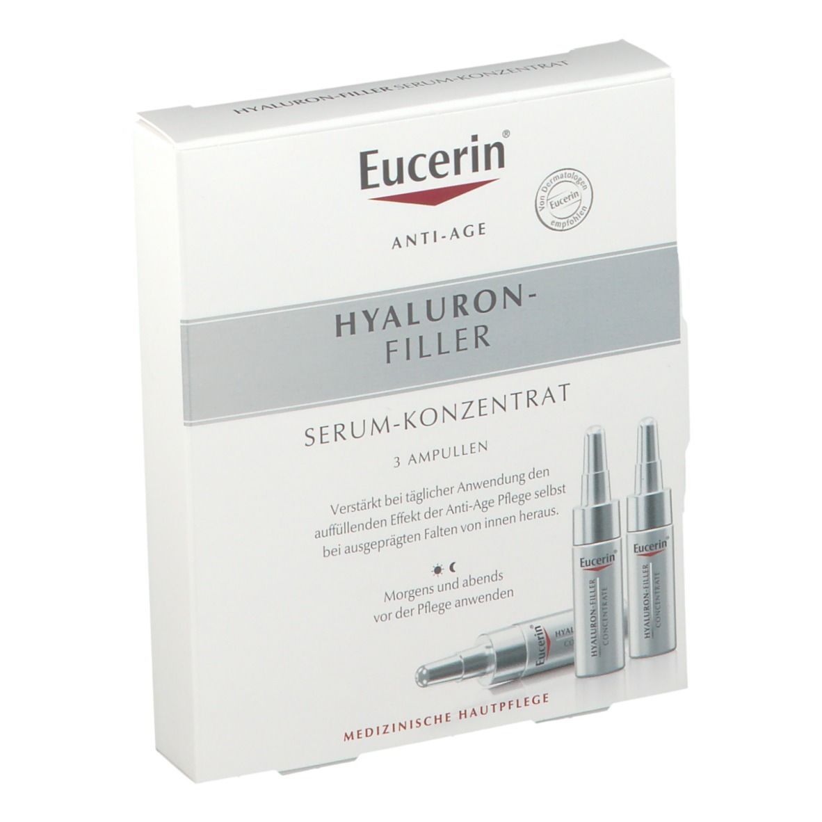 Weiße Schachtel mit Eucerin-Logo und Produktnamen. Enthält drei Ampullen Hyaluron-Filler Serum-Konzentrat.