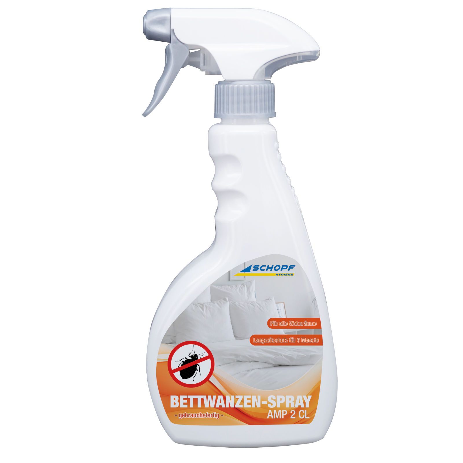Weiße Sprühflasche mit grauem Sprühkopf. Aufschrift: Bettwanzen-Spray. Logo und Text in Deutsch. Abbildung einer Bettwanze mit rotem Strich.