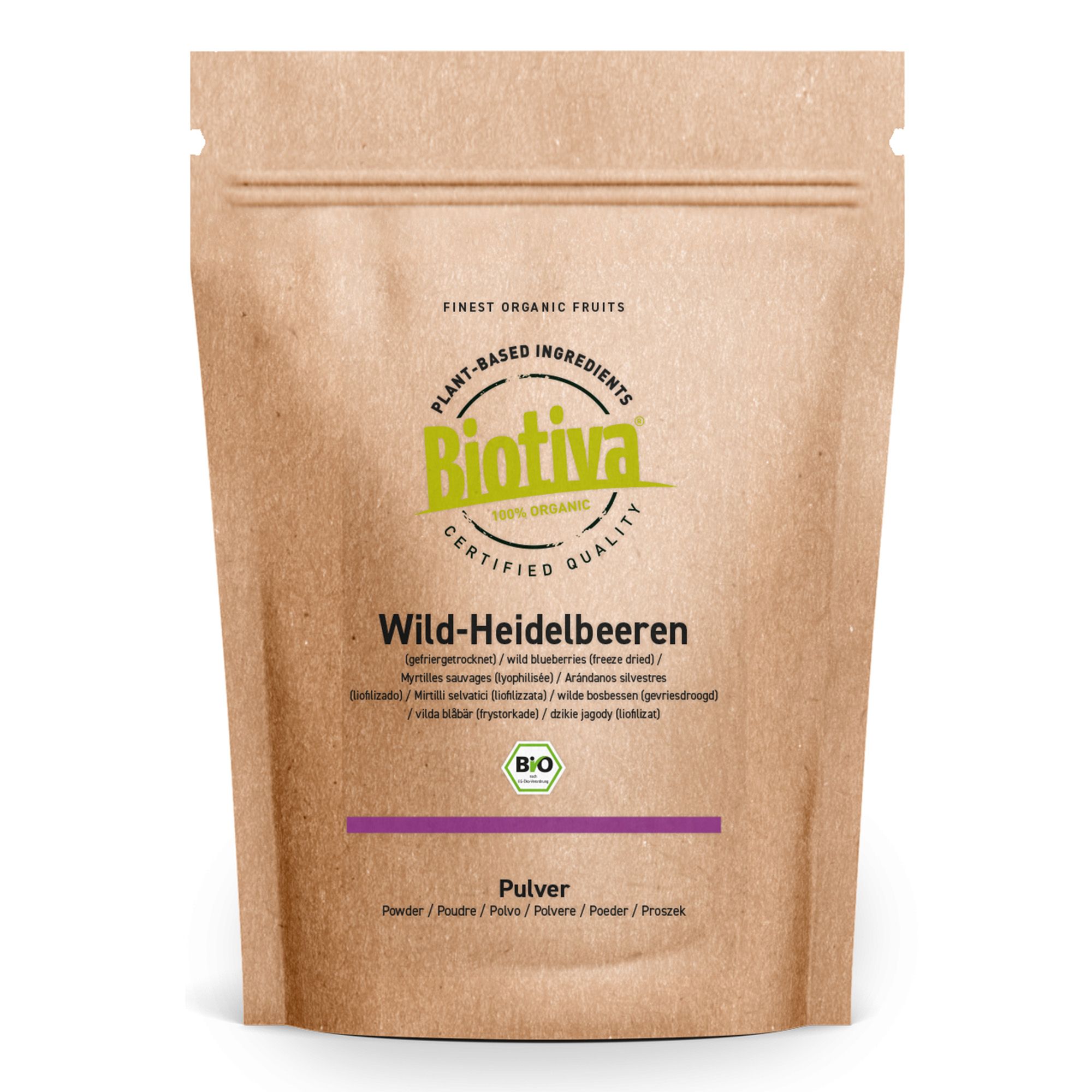Braune Papierverpackung mit Aufdruck. Text: Wild-Heidelbeeren, Biotiva, Pulver, Bio-Siegel. Pflanzliche Inhaltsstoffe.
