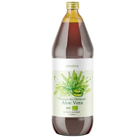 Braune Glasflasche mit goldfarbenem Deckel. Etikett mit Aloe Vera-Illustration und Text: "amaiva", "Aloe Vera", Bio-Siegel.