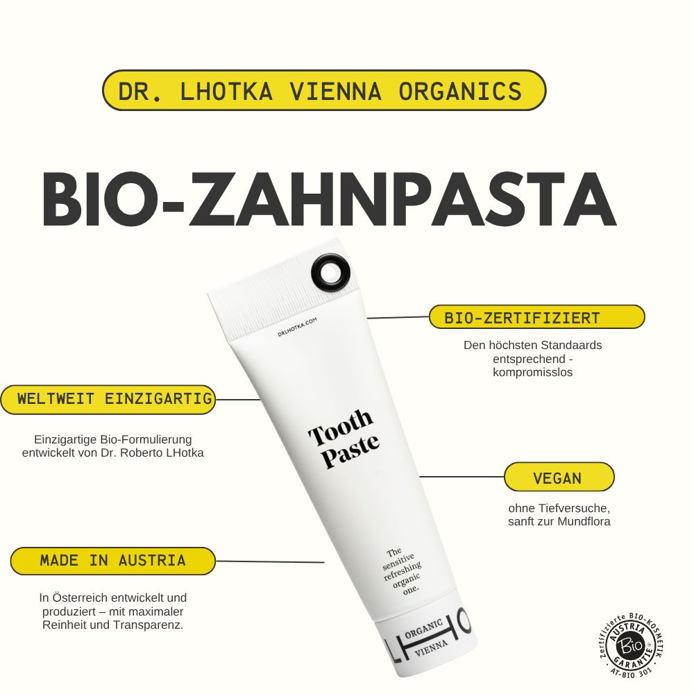 Weiße Tube mit schwarzem Verschluss. Aufschrift "Tooth Paste". Text: Bio-Zahnpasta, Bio-zertifiziert, vegan. Logo: Bio-Siegel. Text: Made in Austria.