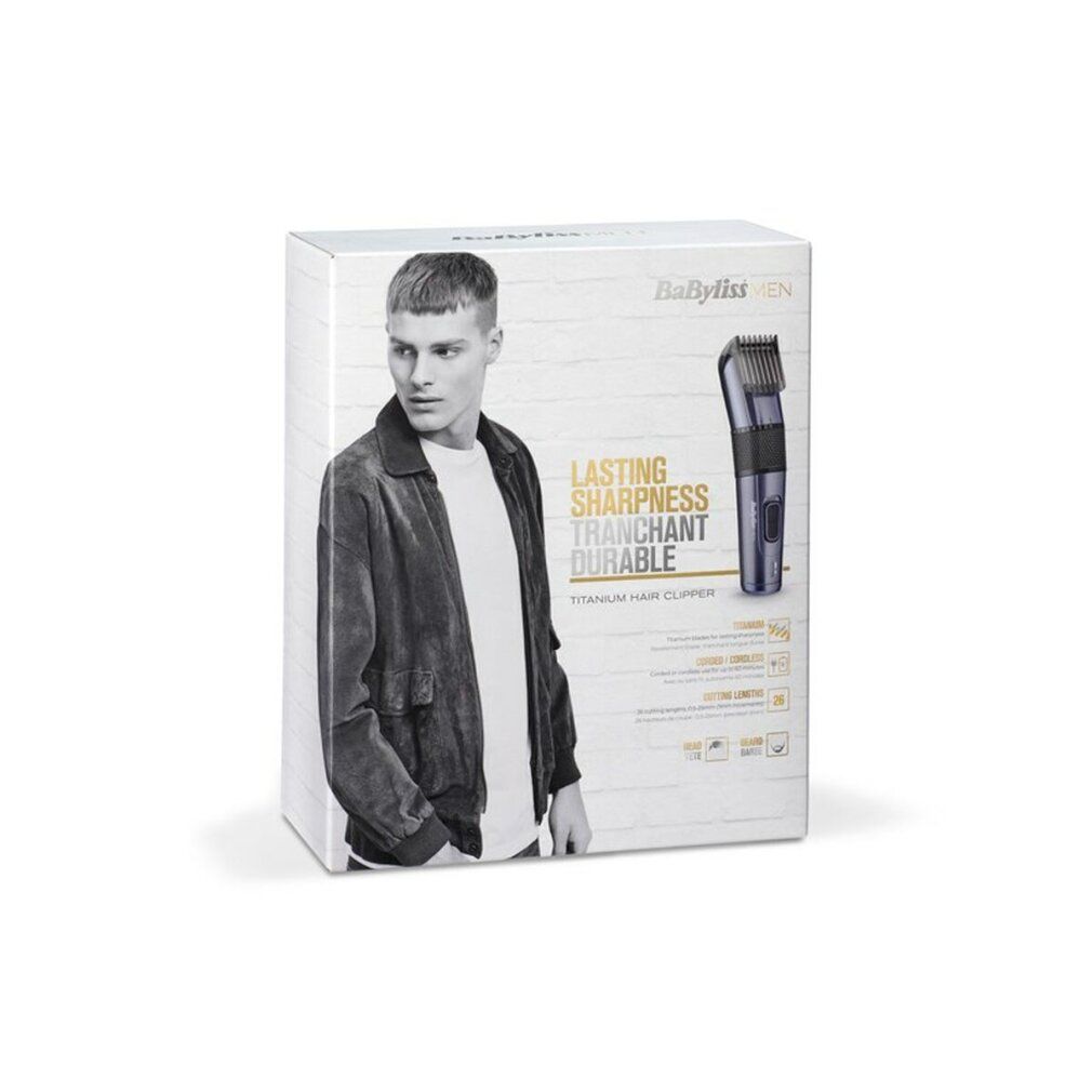 Verpackung mit Mann und Bartschneider. Text: LASTING SHARPNESS TRANCHANT DURABLE. Titanium Hair Clipper. BabylissMEN Logo.