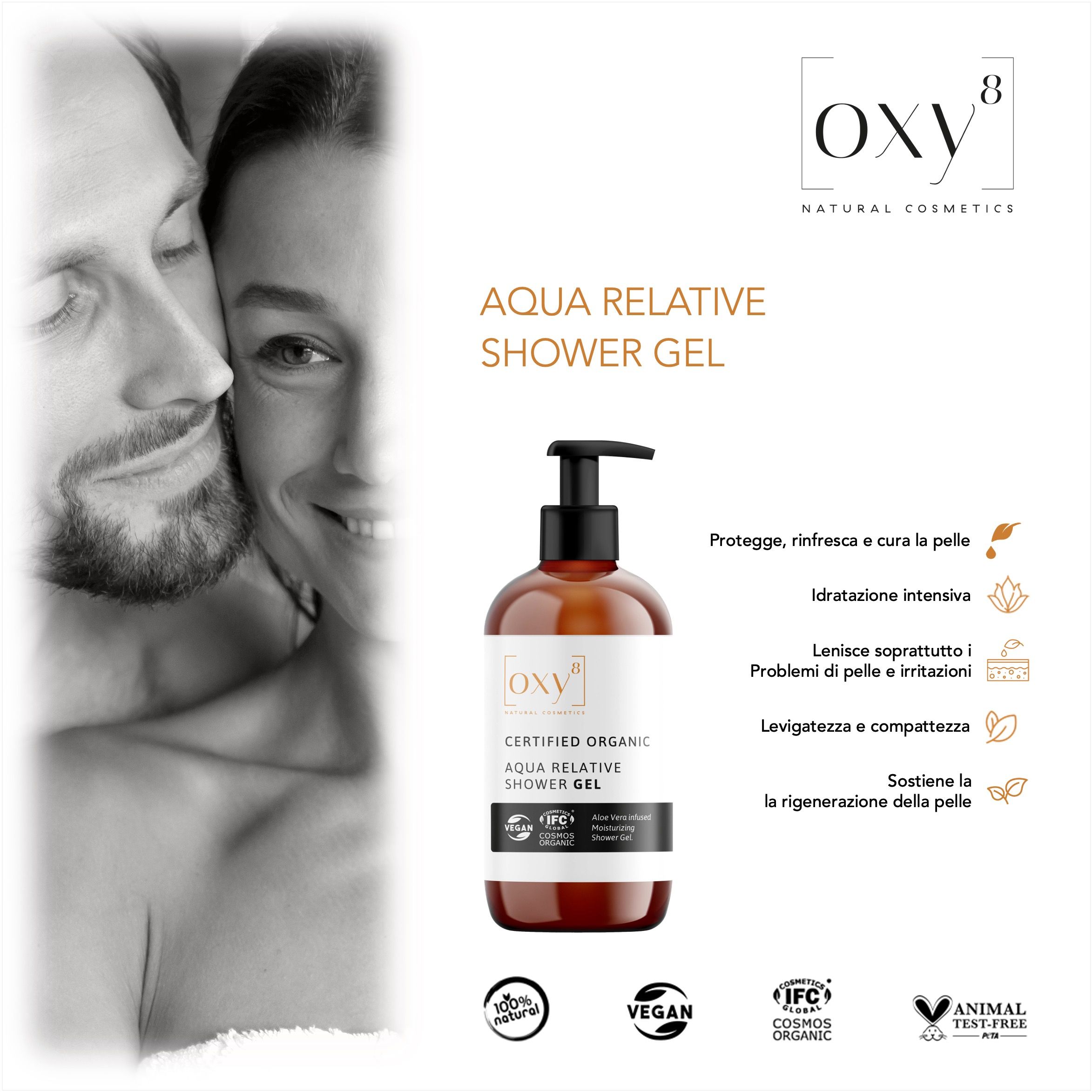 Flacone marrone con tappo a pompa nero. Scritta: Aqua Relative Shower Gel. Vegano, certificato IFC.