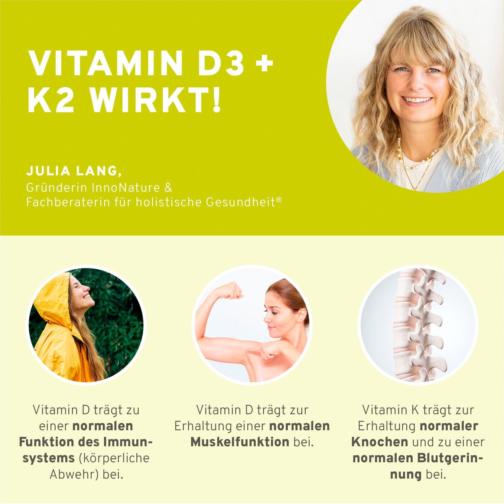 Informationen zu Vitamin D3+K2: Julia Lang, Gründerin, und Vorteile für Immunsystem, Muskeln, Knochen.
