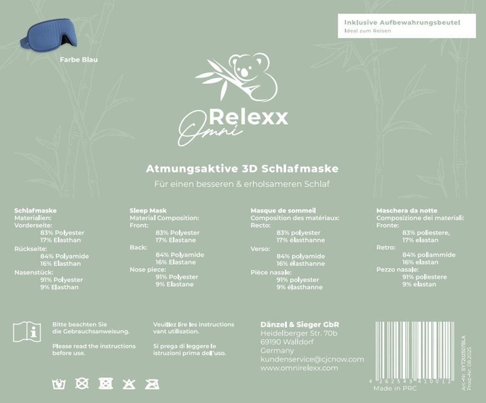 Rückseite der Verpackung. Text: Atmungsaktive 3D Schlafmaske. Materialzusammensetzung. Marke: Relexx Omni.
