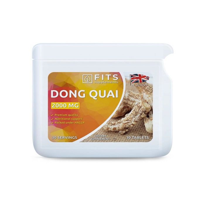 Weiße Tablettenbox mit Etikett. Aufschrift: FITS, Dong Quai 2000 mg, 30 Tabletten. Britische Flagge.