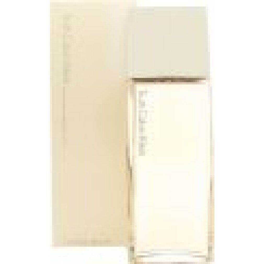 Parfümflasche und Verpackung. Flasche rechteckig, transparent. Verpackung beige, rechteckig. Aufschrift: Truth Calvin Klein.
