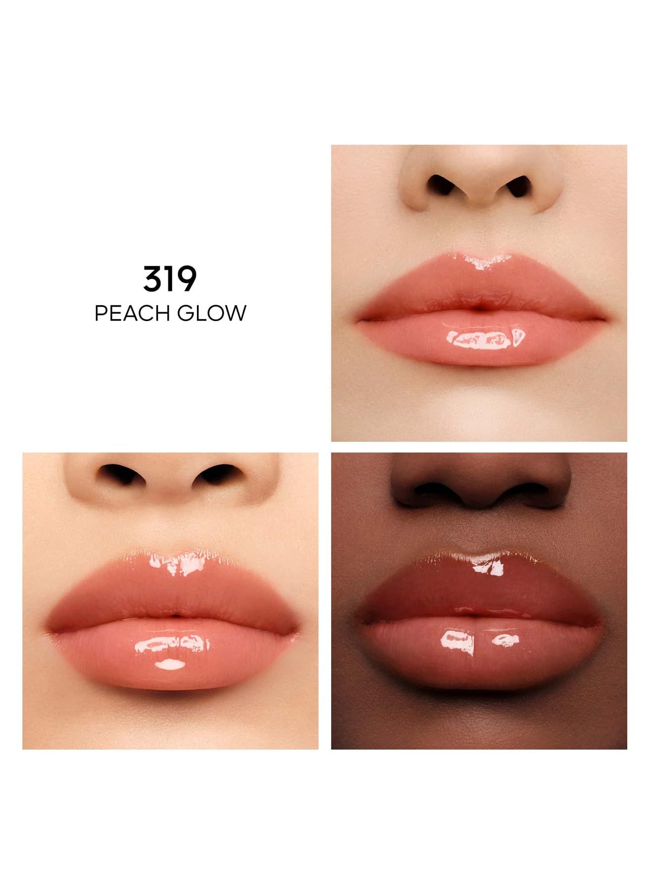 Vier Lippen, die das Produkt "319 PEACH GLOW" zeigen. Unterschiedliche Hauttöne.