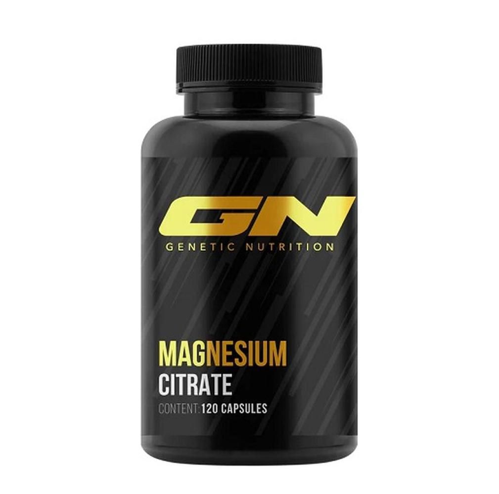 Schwarze Flasche mit gelbem Logo "GN" und Aufschrift "Magnesium Citrate". Enthält 120 Kapseln.
