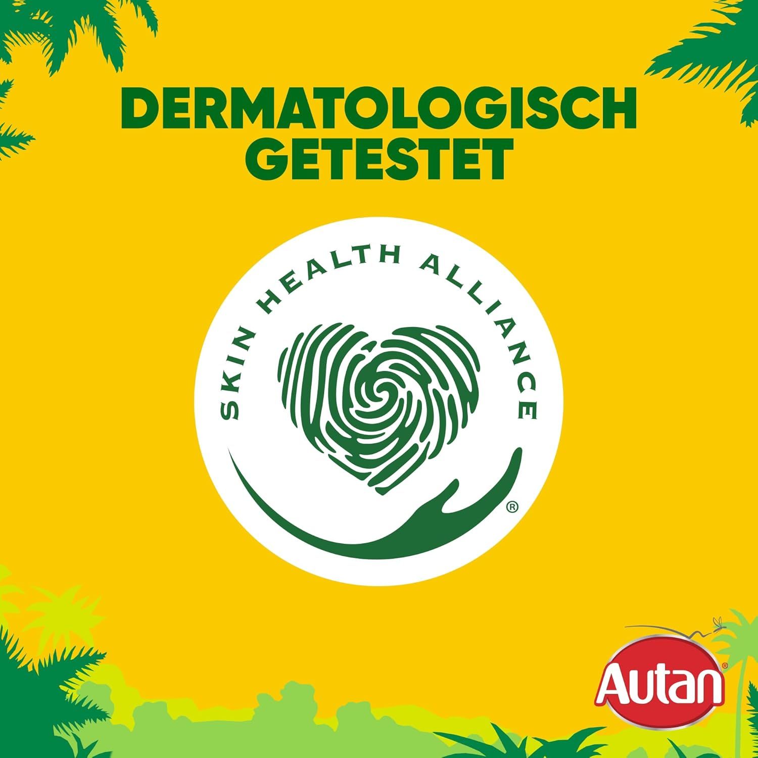 Gelber Hintergrund mit Text: Dermatologisch getestet. Logo der Skin Health Alliance mit Fingerabdruck-Herz. Autan-Logo.