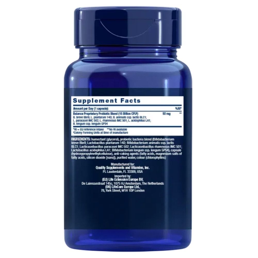 Rückseite eines blauen Behälters mit Life Extension Florassist Balance Nahrungsergänzungsinformationen.