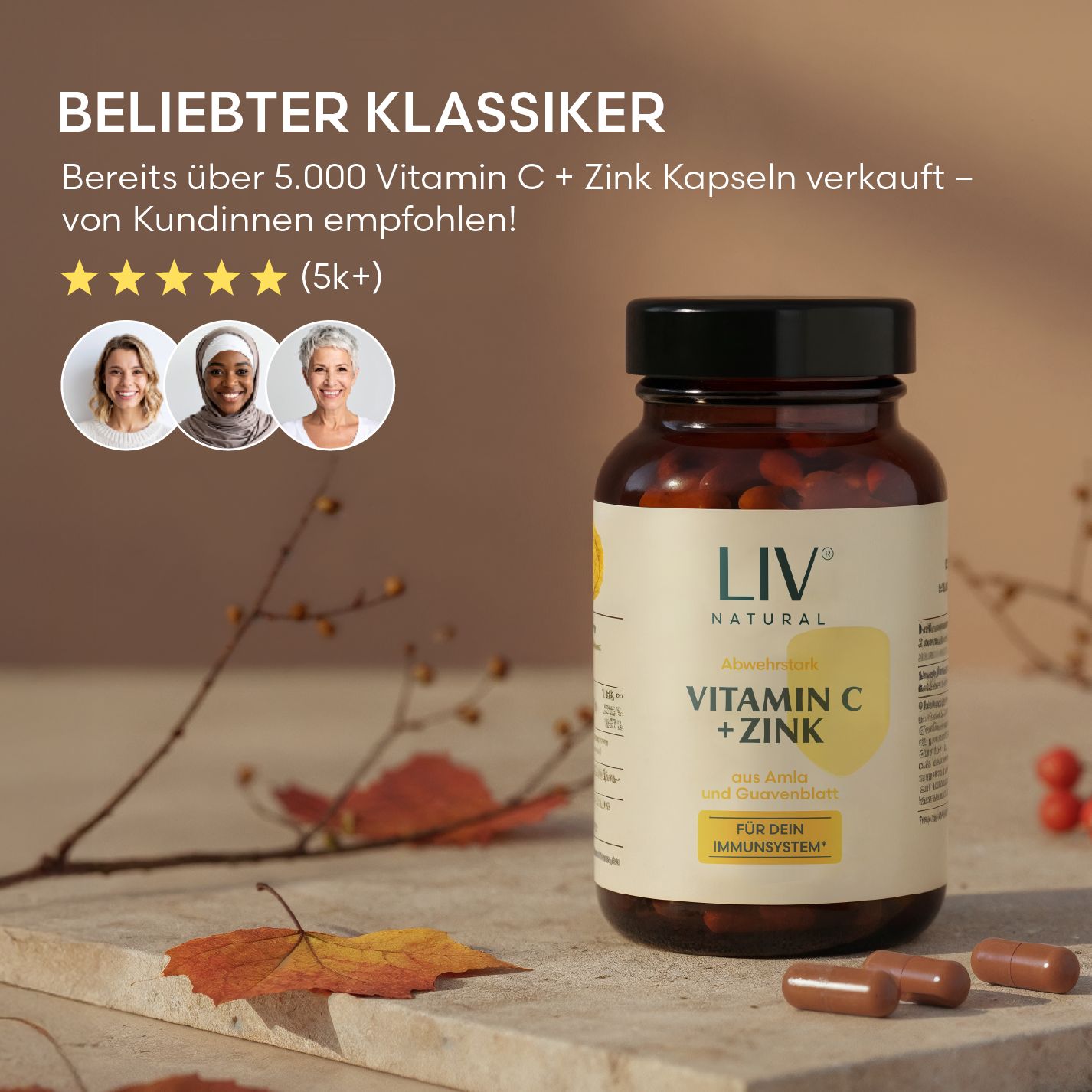 Braune Glasflasche mit LIV Vitamin C + Zink Kapseln. Aufschrift: Vitamin C + Zink, aus Amla und Guavenblatt. 5 Sterne Bewertung.