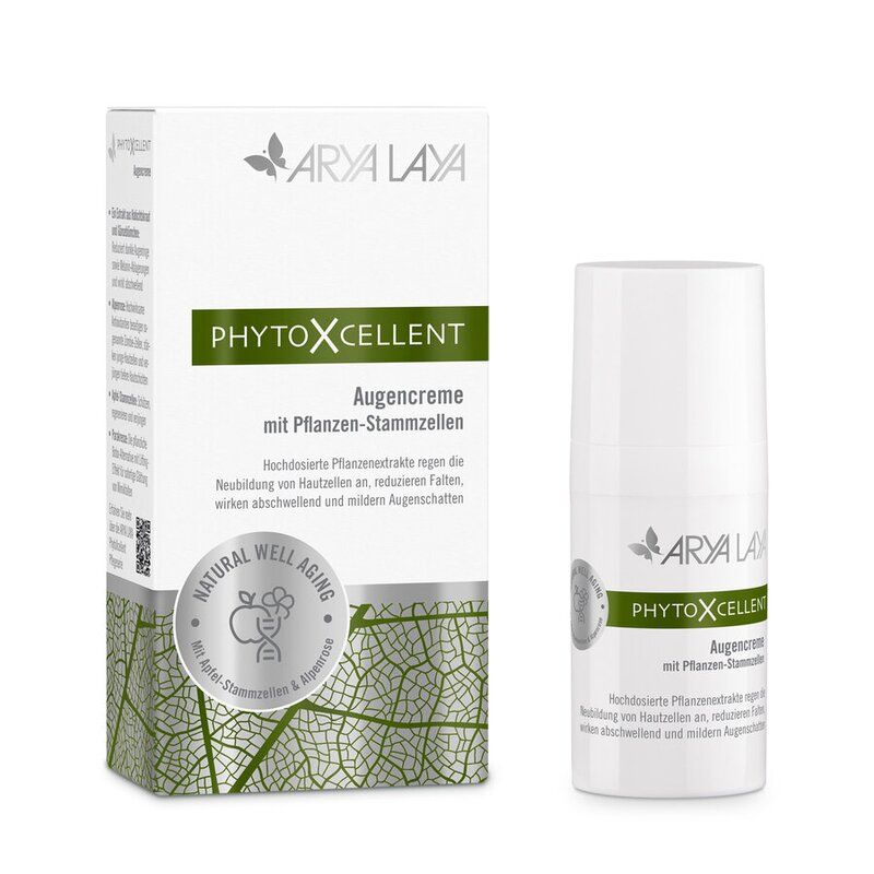 Arya Laya PhytoXcellent Augencreme. Weiße Tube und Schachtel. Aufschrift: Augencreme mit Pflanzen-Stammzellen. Logo: Apfel und Blätter.