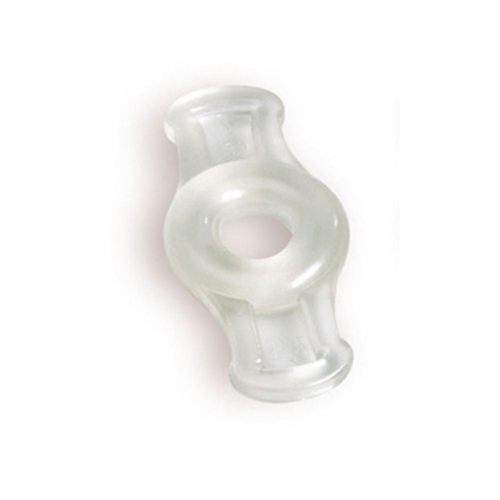 Transparentes Produkt mit Ring und Laschen. Mittig ein Loch. Auf weißem Hintergrund.
