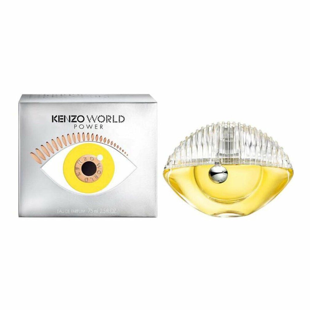 Kenzo World Power Eau de Parfum. Flakon in Augenform, gelbe Flüssigkeit. Verpackung mit Augenmotiv und Schriftzug.