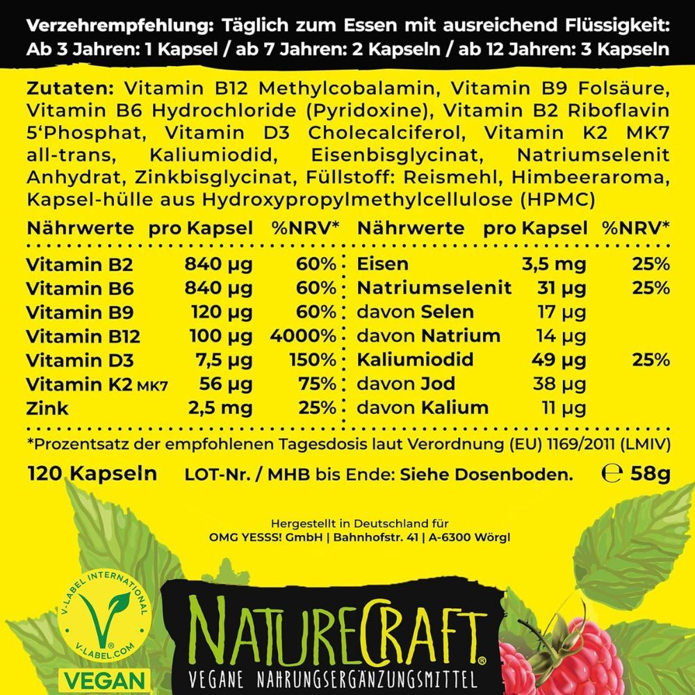 NatureCraft Vegan Kids All-In-One Kapseldose und Kartonverpackung.